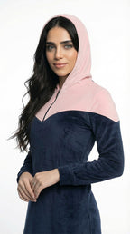 Navy and pink lining Heidi sport abaya with hood and zipper on the chest