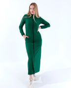 Abaya sport couleur olive unie à col haut avec fermeture éclair et poches