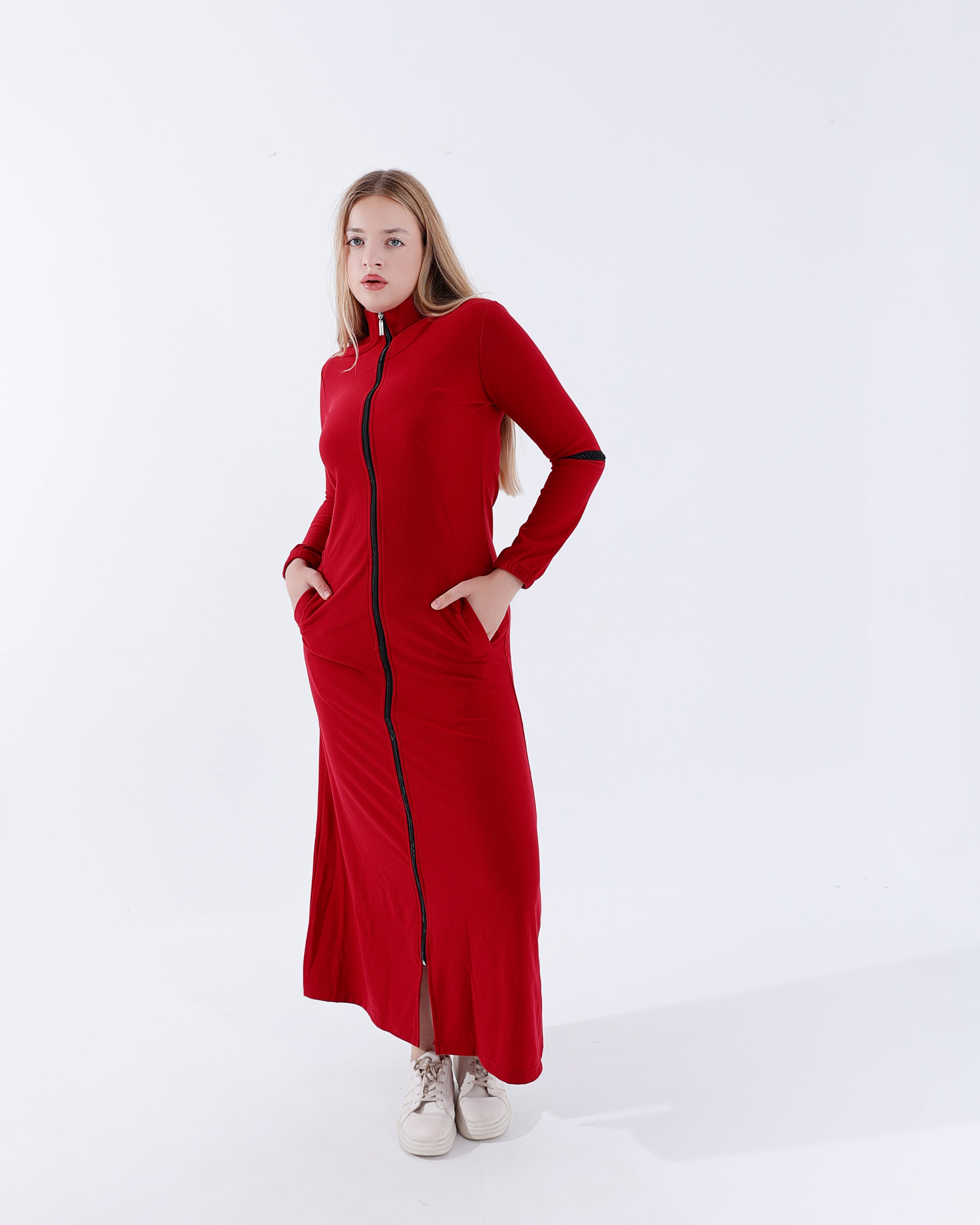 عباية رياضية سادة ياقة عالية بسوستة وجيوب نبيتي فاتح