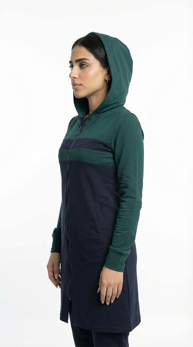Tenue de sport couleur olive et bleu marine à capuchon et fermeture éclair en coton milton