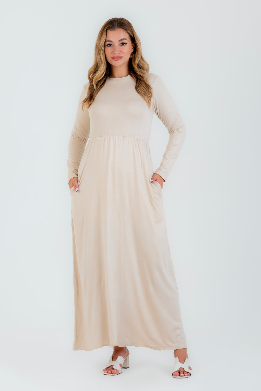 فستان فسكوز طبيعي بأستك من الوسط و جيوب بيج