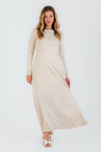 فستان فسكوز طبيعي بأستك من الوسط و جيوب بيج