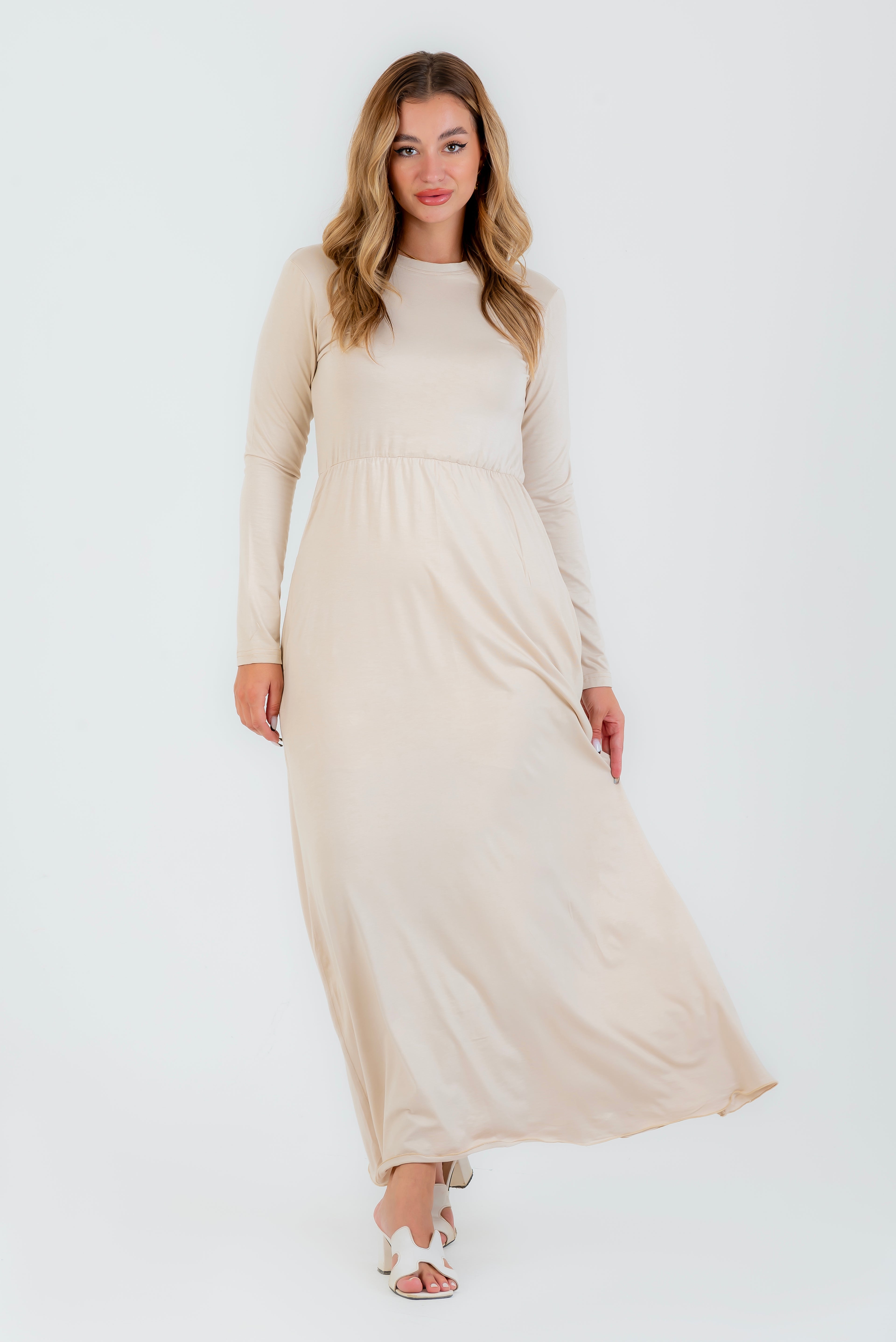 فستان فسكوز طبيعي بأستك من الوسط و جيوب بيج