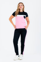 Tenue de sport rose et noire à manches courtes en coton