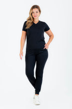 بيجاما قطن ليكرا سادة أسود كم قصير ياقة سبعة