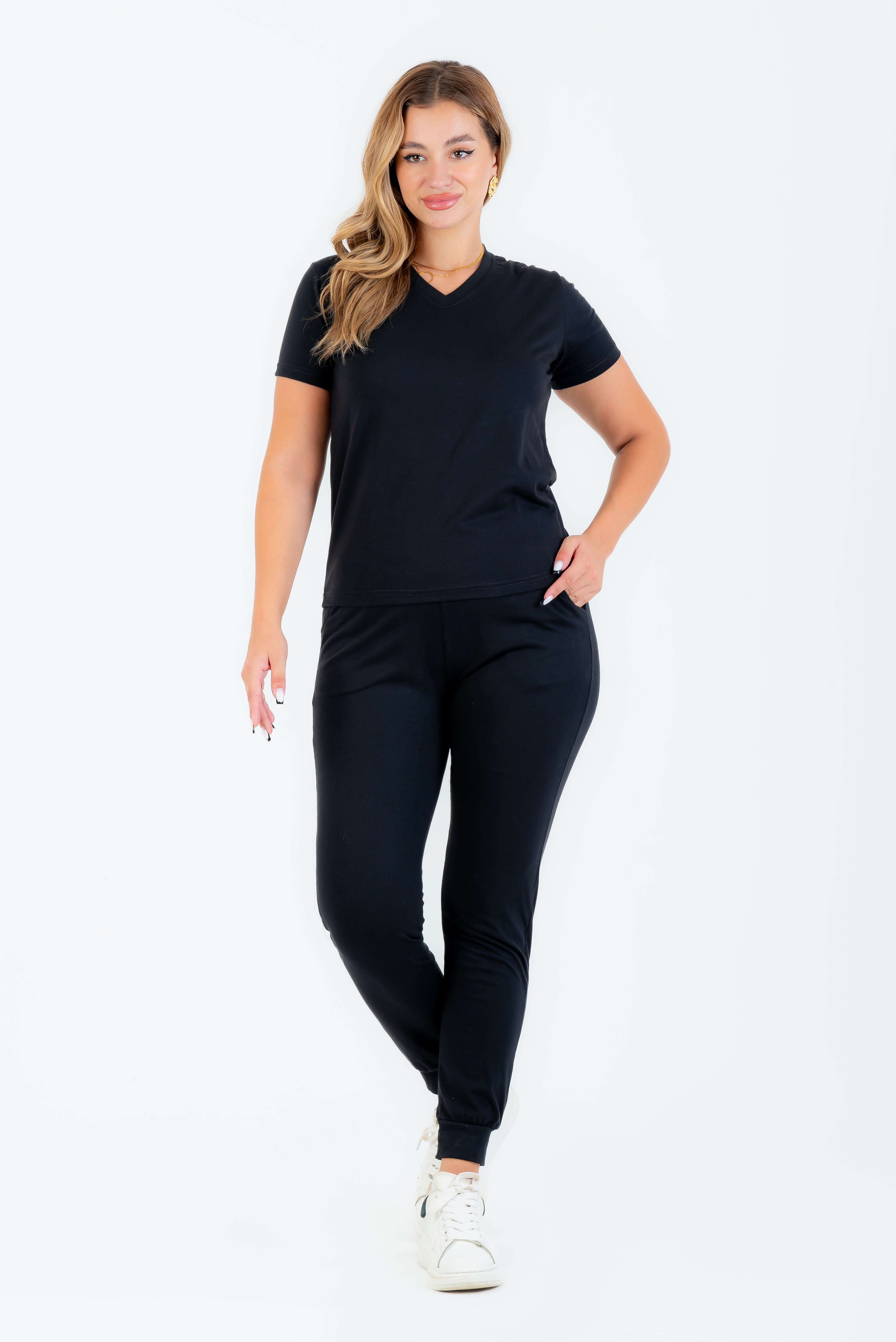 بيجاما قطن ليكرا سادة أسود كم قصير ياقة سبعة