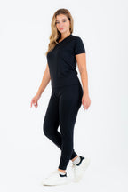 بيجاما قطن ليكرا سادة أسود كم قصير ياقة سبعة