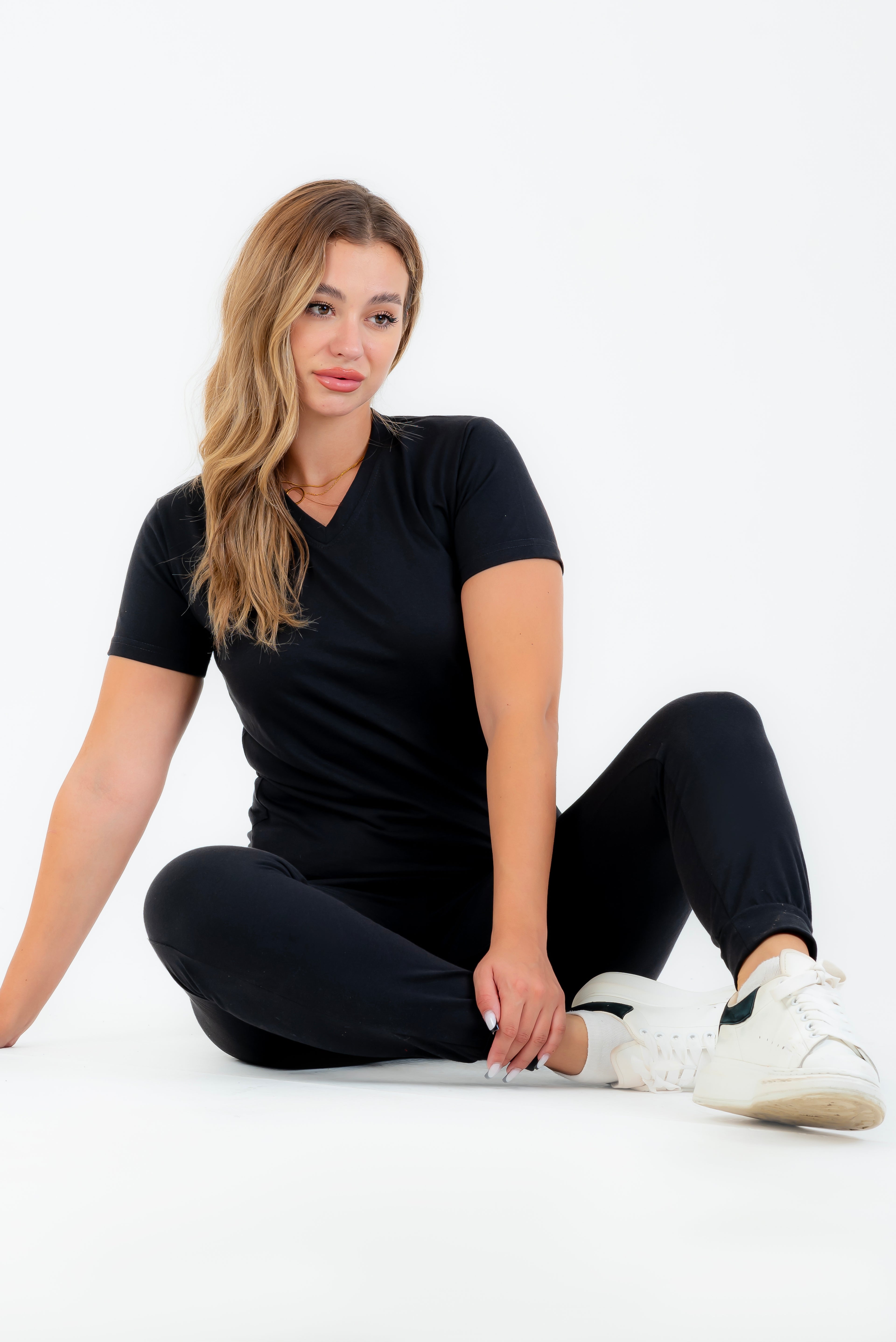 بيجاما قطن ليكرا سادة أسود كم قصير ياقة سبعة