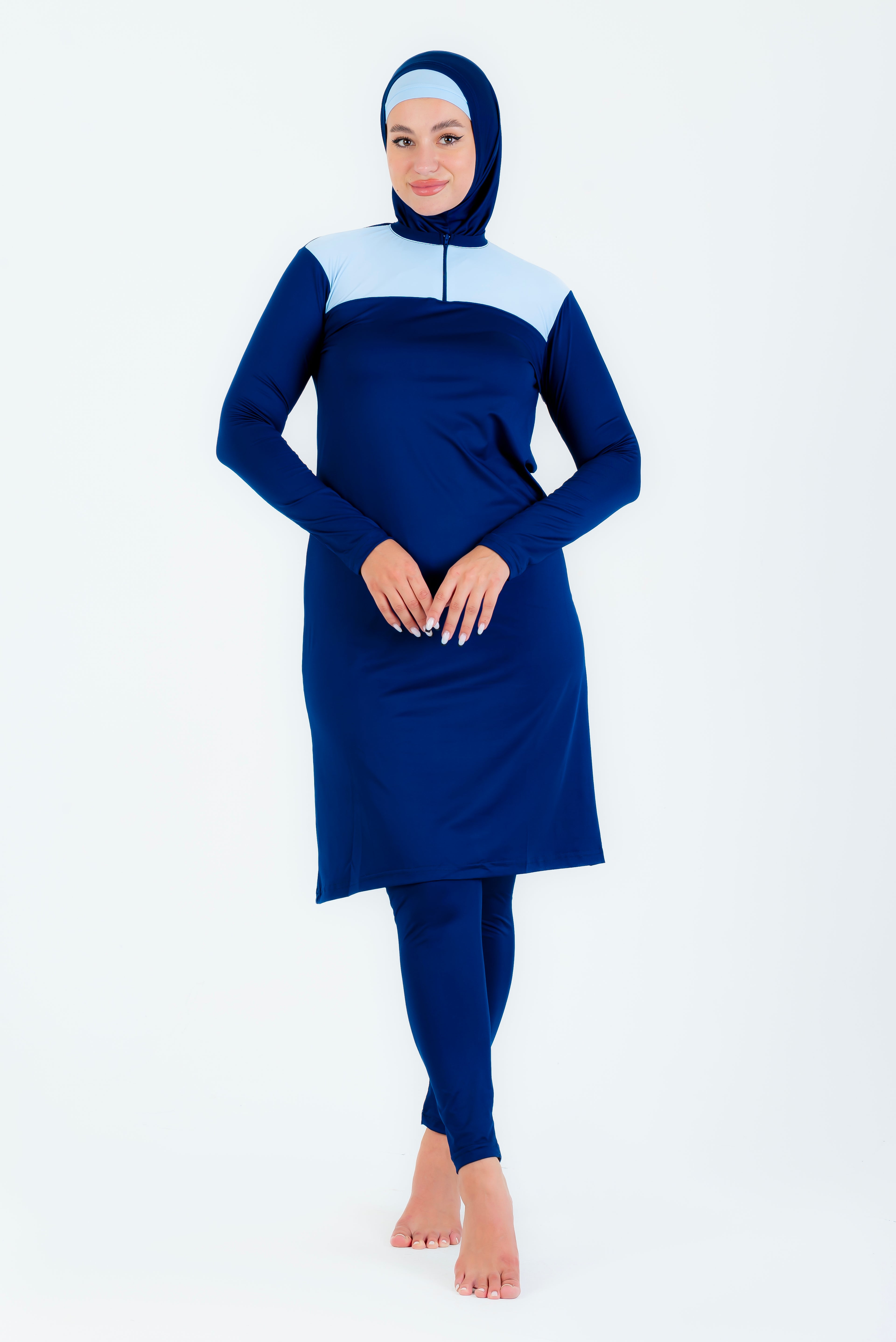 Maillot burkini long a fermeture éclair couleuir olive avec bonnet/ 2 pieces