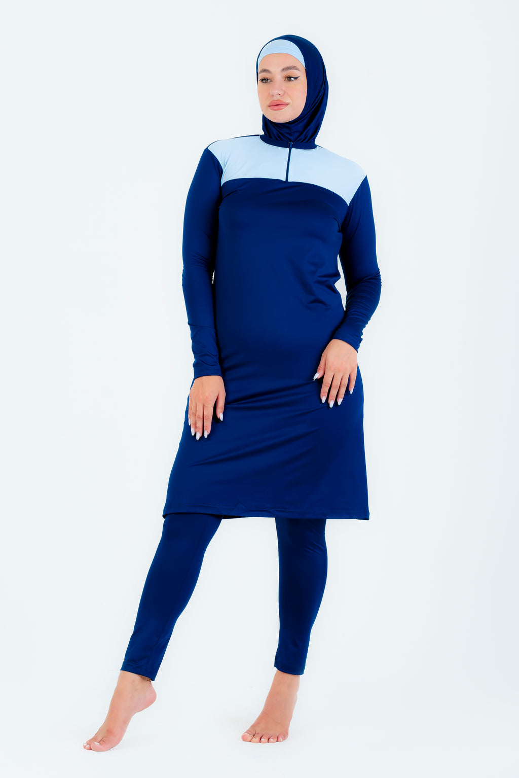 Maillot burkini long a fermeture éclair couleuir olive avec bonnet/ 2 pieces