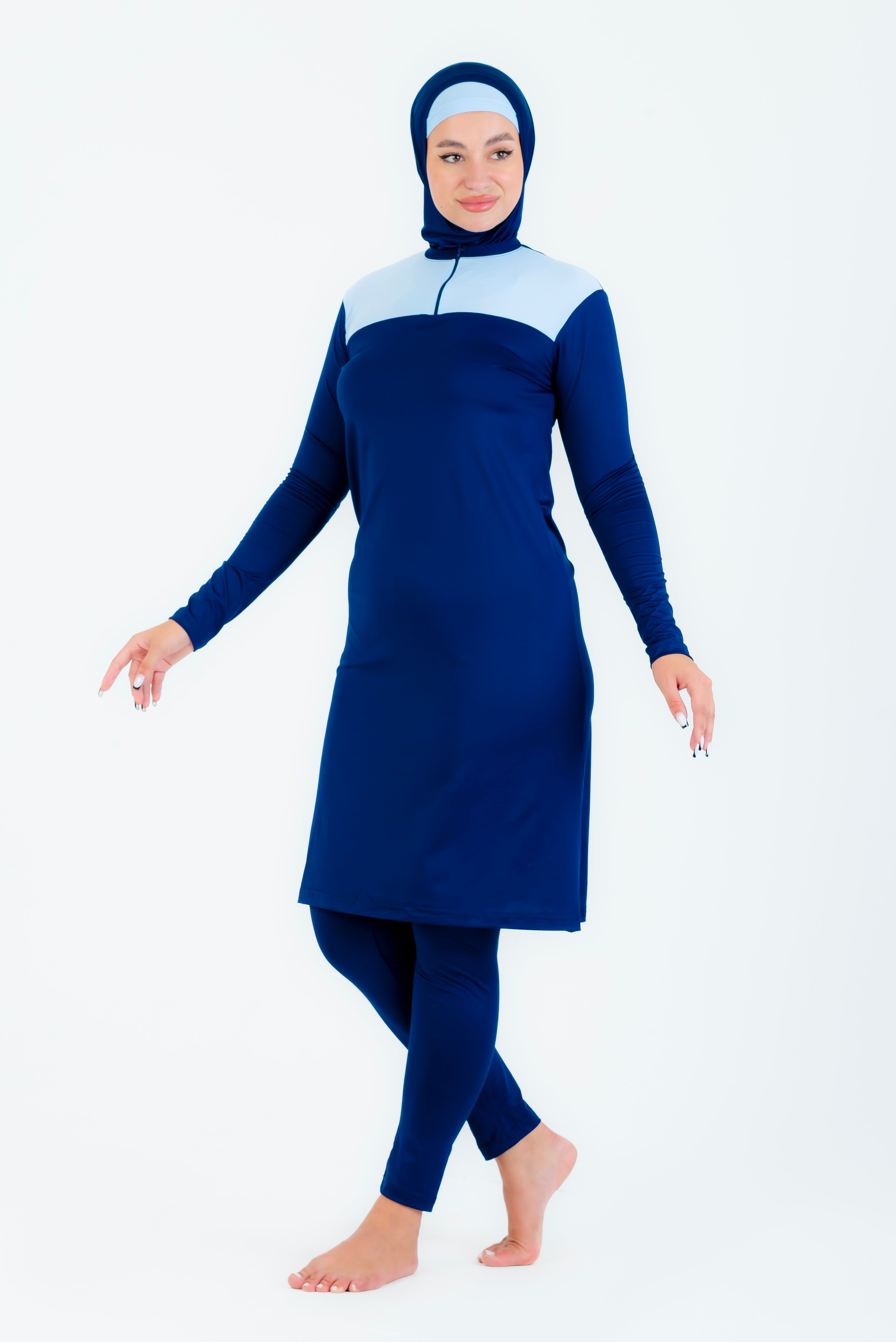 Maillot burkini long a fermeture éclair couleuir olive avec bonnet/ 2 pieces