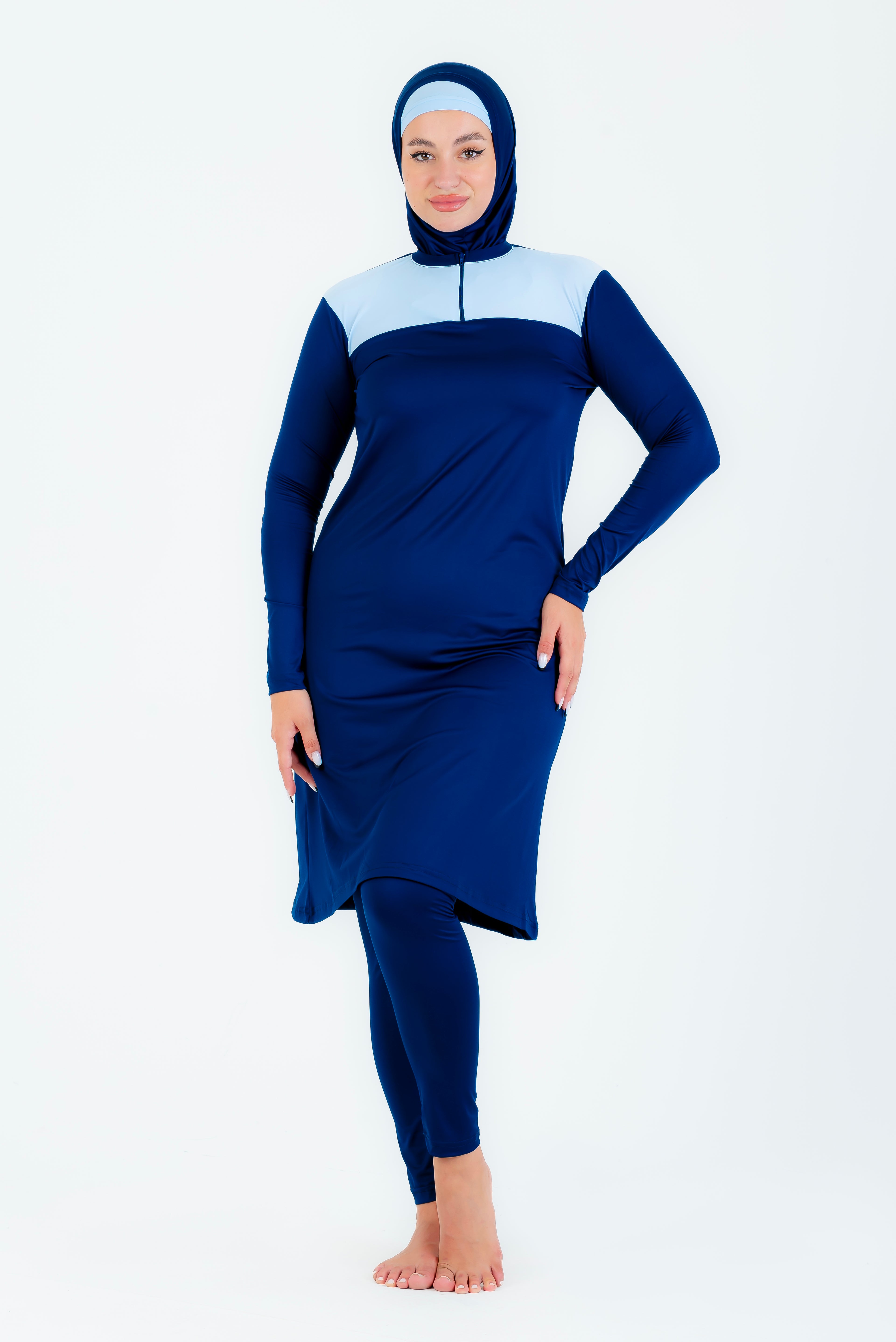 Maillot burkini long a fermeture éclair couleuir olive avec bonnet/ 2 pieces