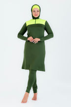 Maillot burkini long a fermeture éclair couleuir olive avec bonnet/ 2 pieces