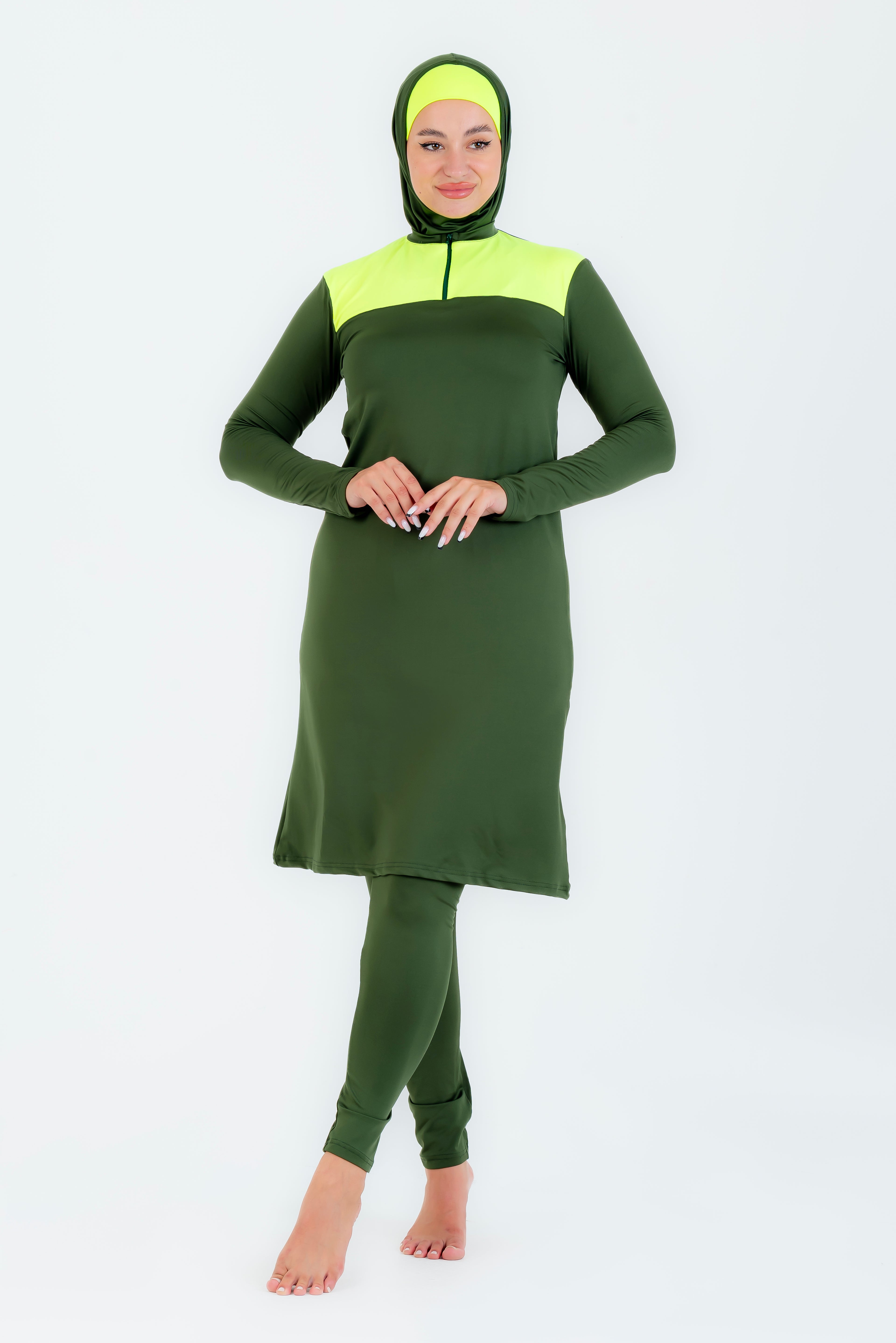 Maillot burkini long a fermeture éclair couleuir olive avec bonnet/ 2 pieces