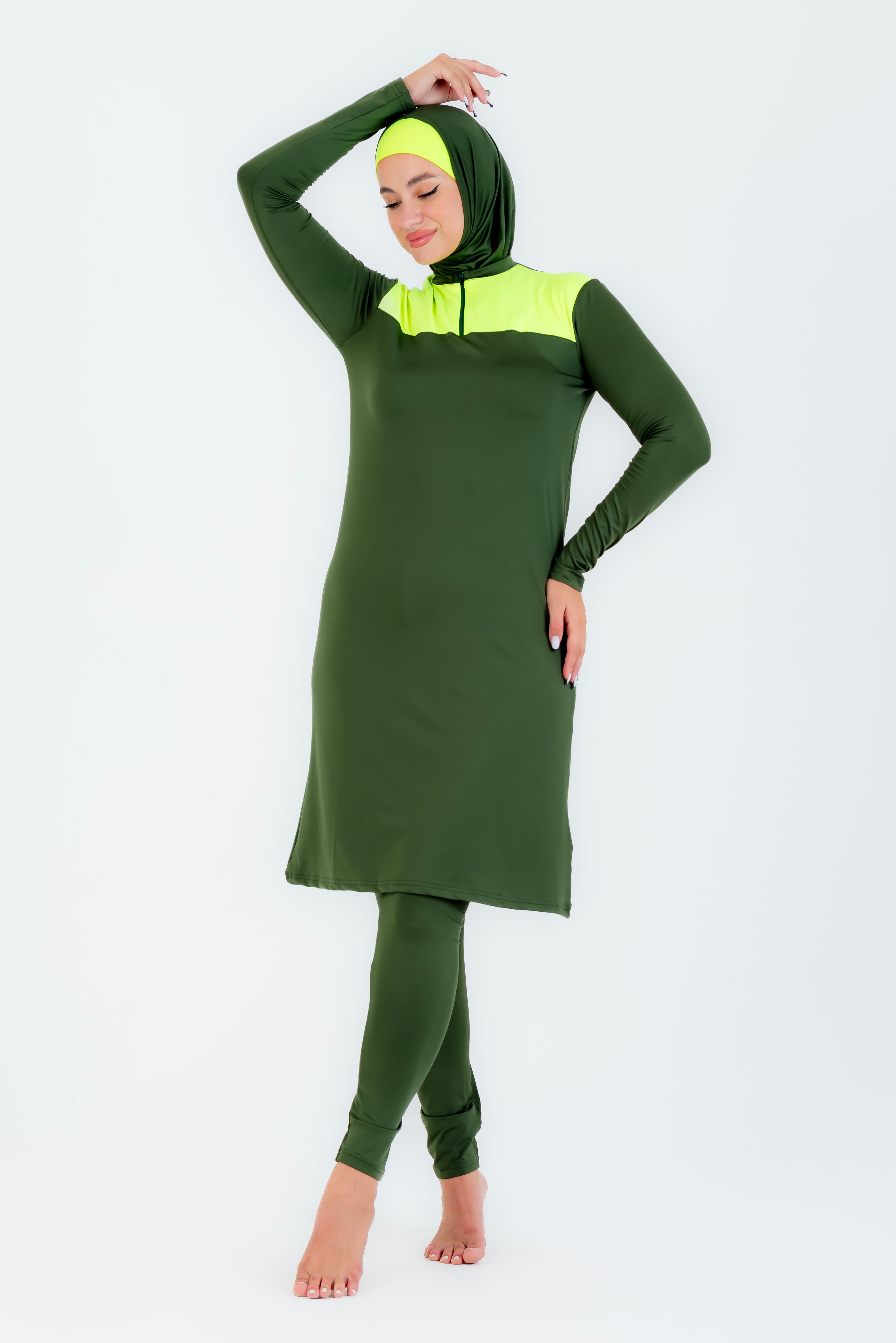 Maillot burkini long a fermeture éclair couleuir olive avec bonnet/ 2 pieces
