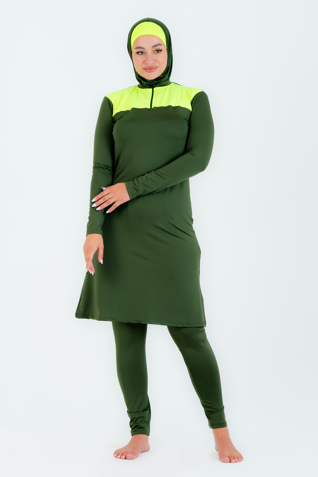 Maillot burkini long a fermeture éclair couleuir olive avec bonnet/ 2 pieces