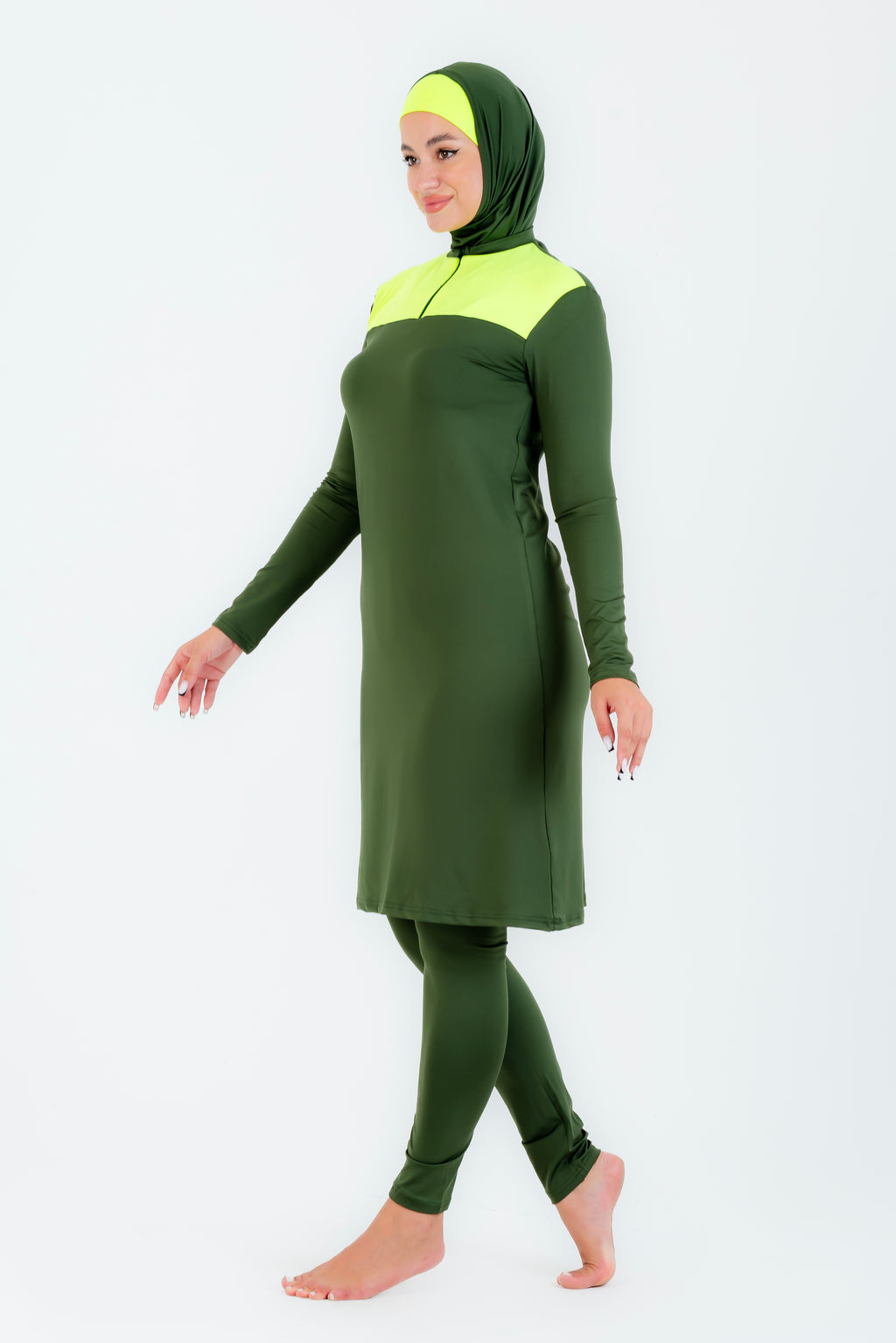 Maillot burkini long a fermeture éclair couleuir olive avec bonnet/ 2 pieces