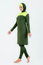 Maillot burkini long a fermeture éclair couleuir olive avec bonnet/ 2 pieces