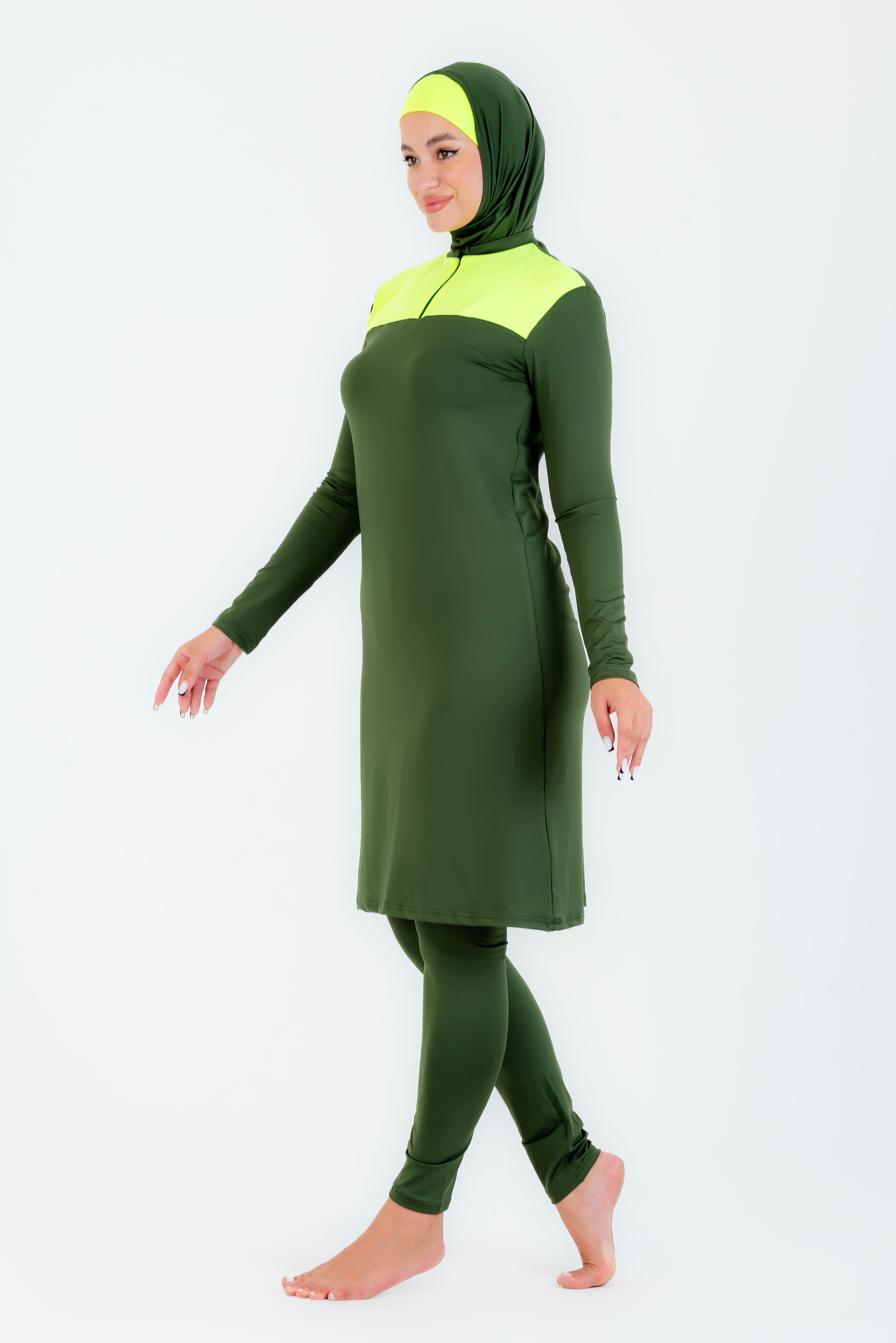 Maillot burkini long a fermeture éclair couleuir olive avec bonnet/ 2 pieces