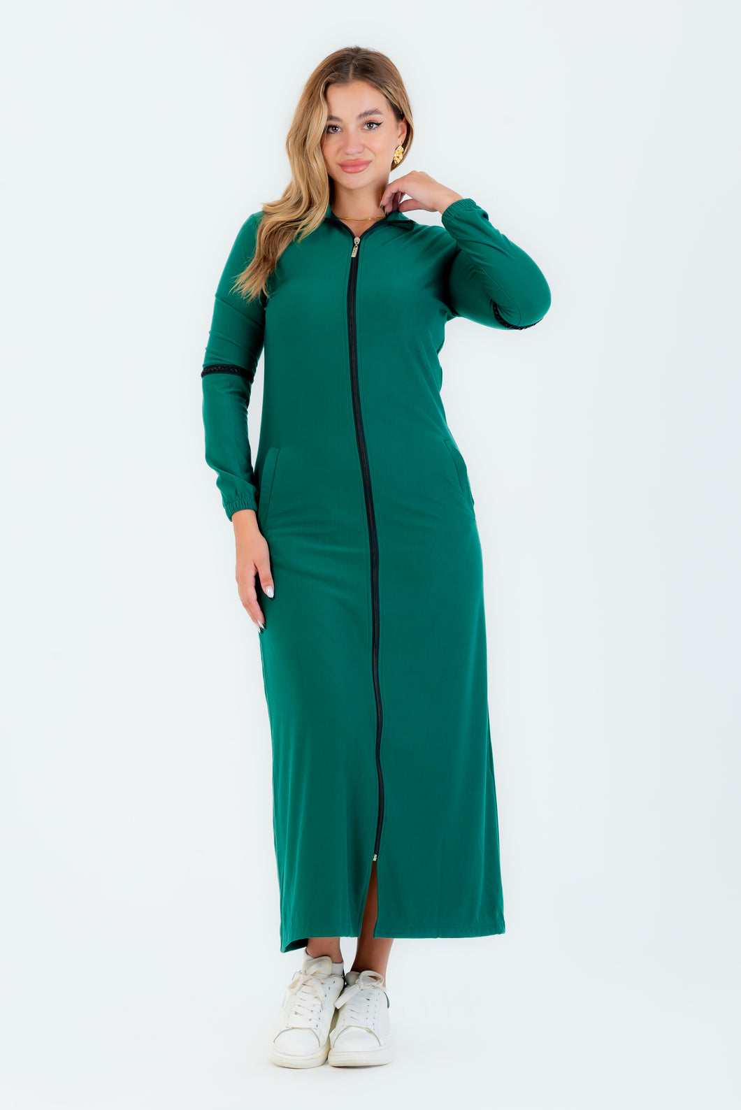 Olive plain high neck sport Abaya with zipper and pockets