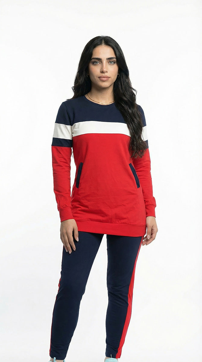 Tenue de sport rouge et bleu marine en coton