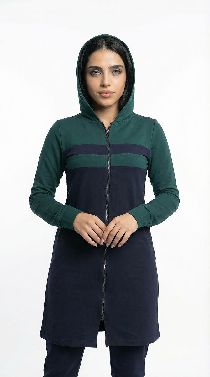 Tenue de sport couleur olive et bleu marine à capuchon et fermeture éclair en coton milton