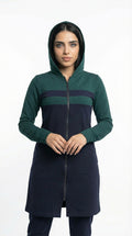 Tenue de sport couleur olive et bleu marine à capuchon et fermeture éclair en coton milton