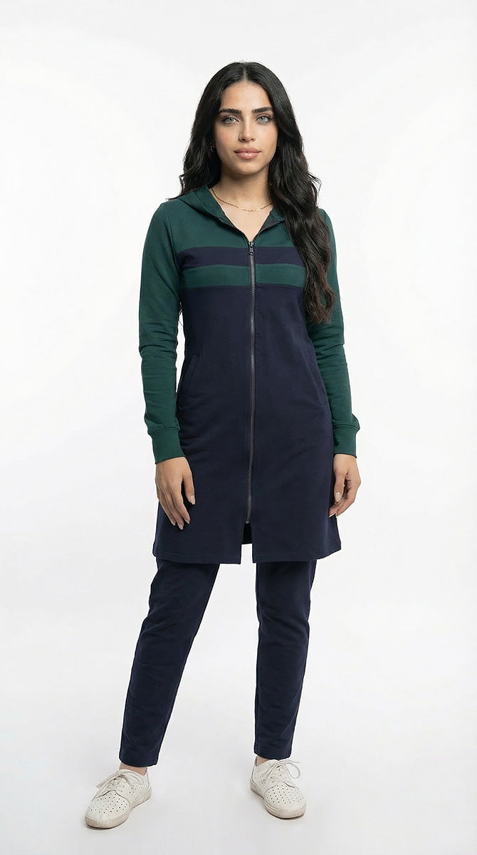 Tenue de sport couleur olive et bleu marine à capuchon et fermeture éclair en coton milton