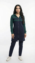 Tenue de sport couleur olive et bleu marine à capuchon et fermeture éclair en coton milton
