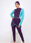 Maillot burkini mauve et turquoise avec bonnet