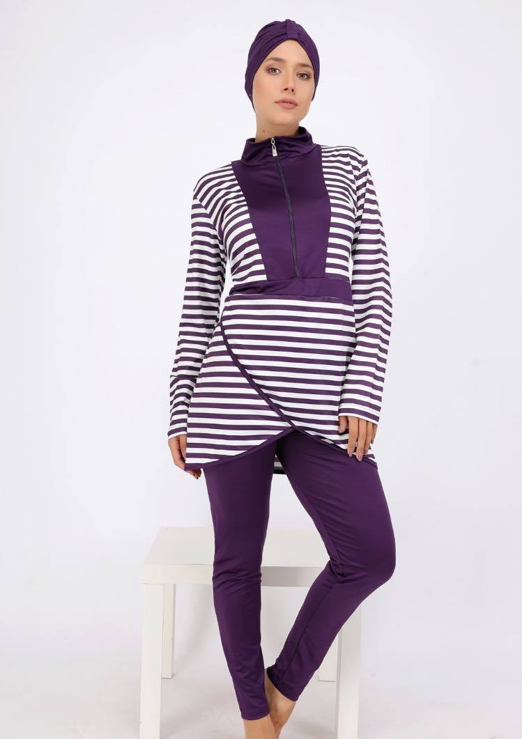 Maillot burkini avec rayures roses imprimees