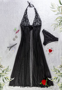 Chemise de nuit power ouverte noire avec dentelle