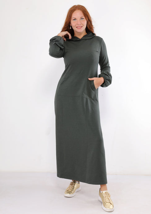 Abaya couleur olive unie avec poches et capuchon