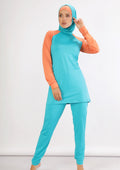 Maillot burkini turquoise et havane avec bonnet / 2 pièces