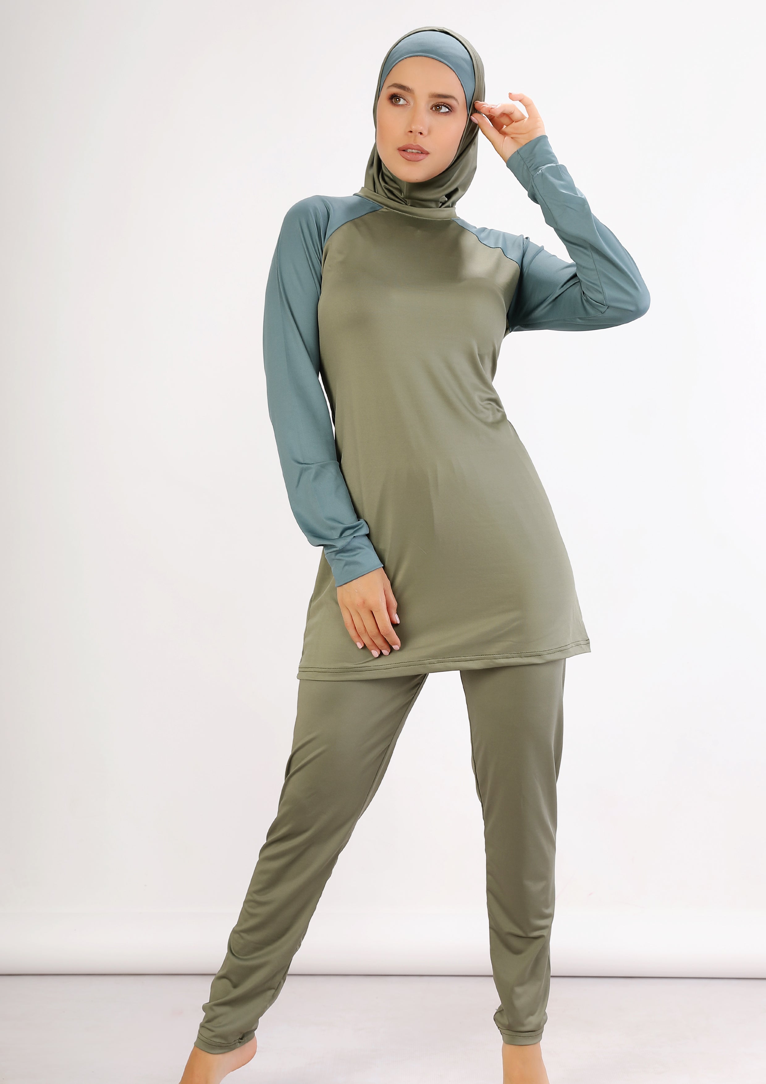 Maillot burkini couleur olive et pétrole avec bonnet / 2 pieces