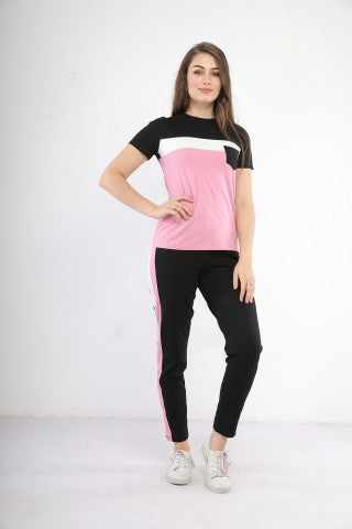 Tenue de sport rose et noire à manches courtes en coton