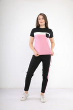 Tenue de sport rose et noire à manches courtes en coton