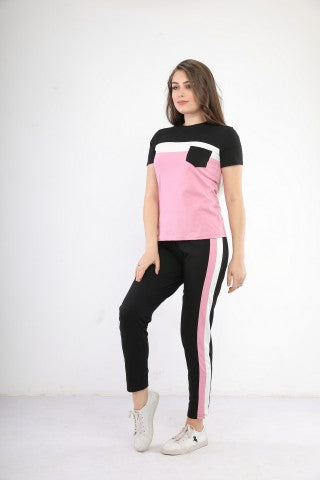 Tenue de sport rose et noire à manches courtes en coton