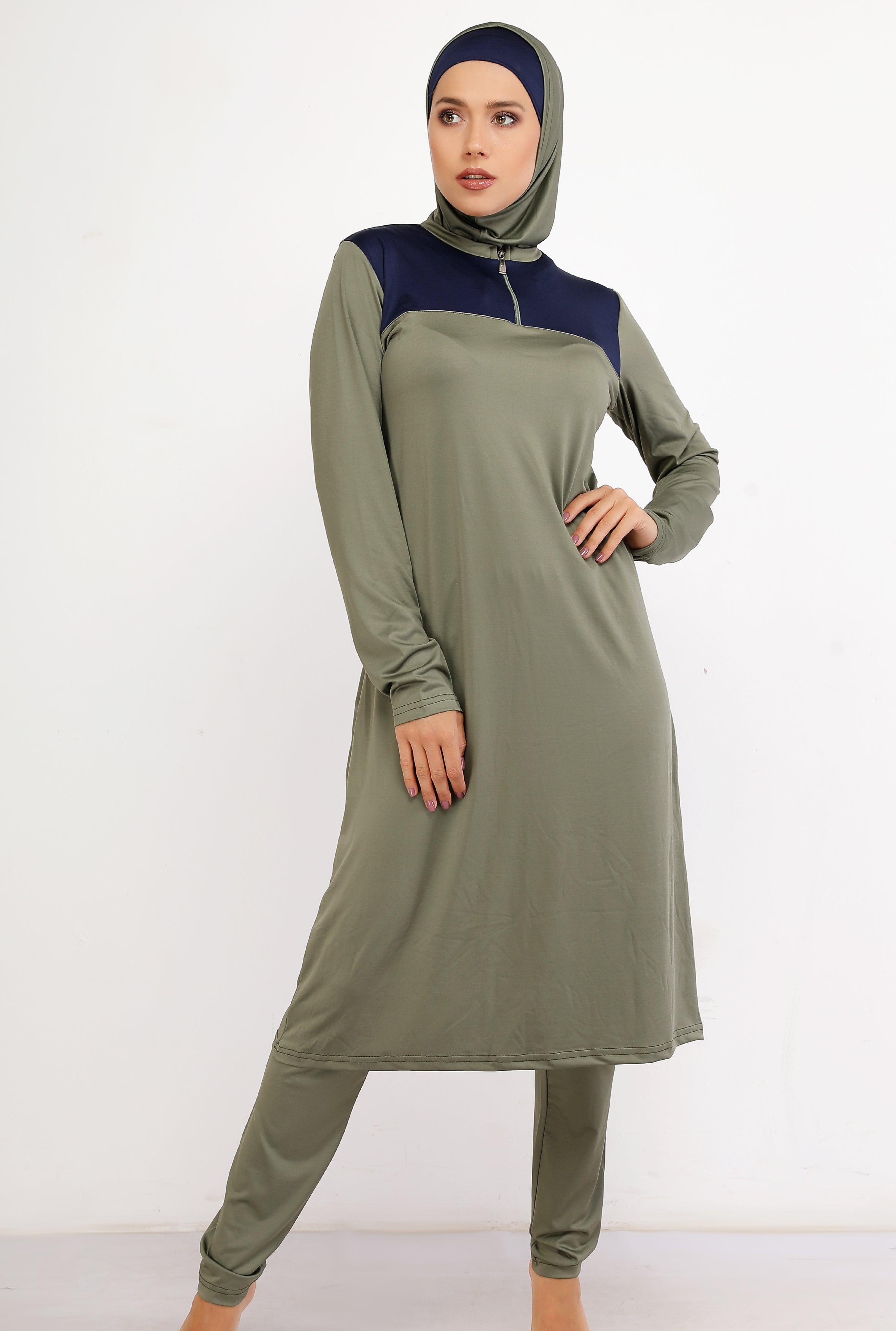 Maillot burkini long à fermeture éclair couleur olive et bleu marine avec bonnet / 2pieces