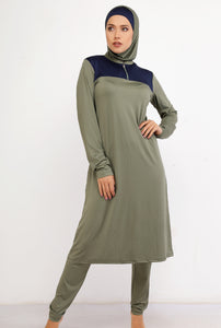 Long olive and navy blue zip-up burkini with swim cap