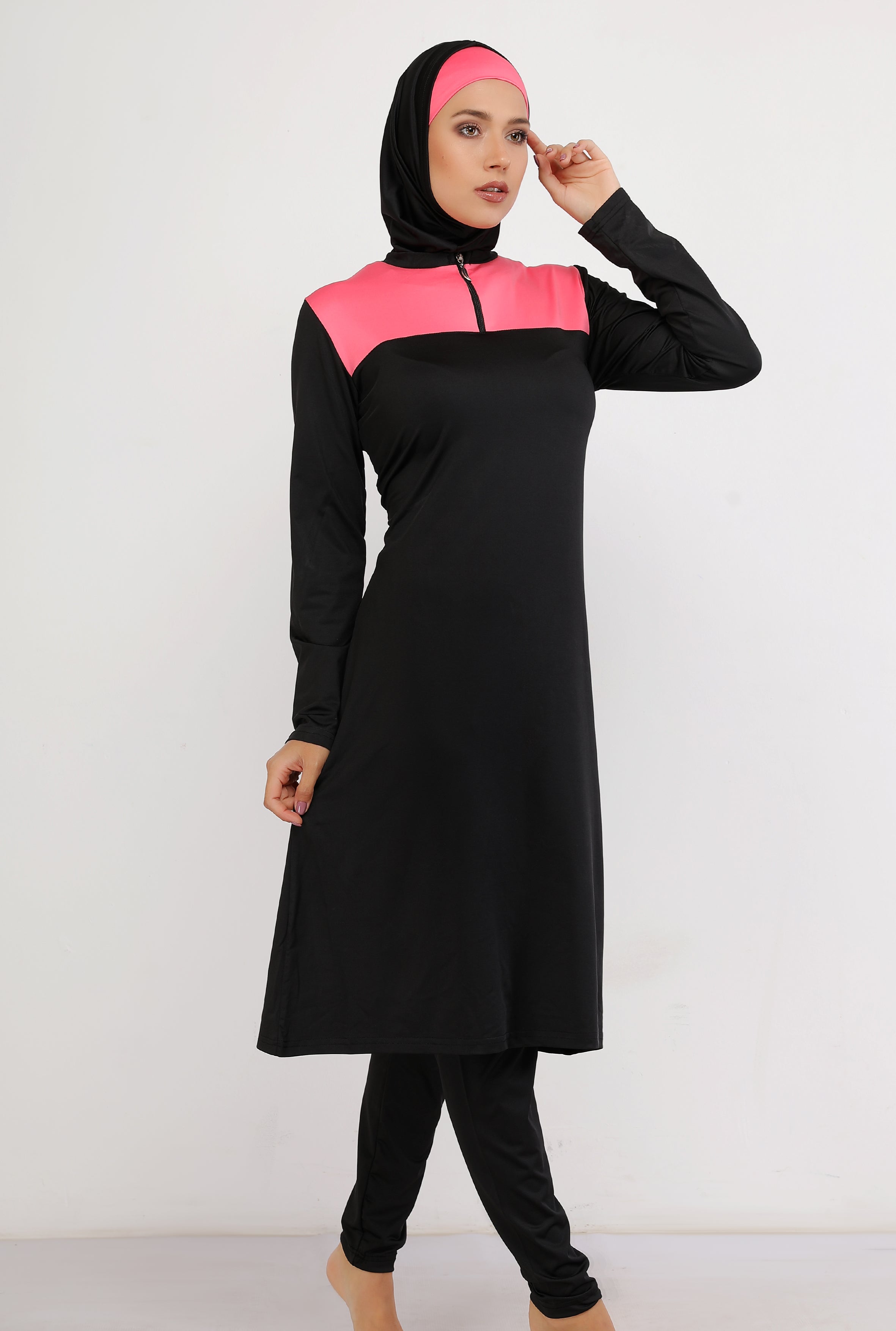 Maillot burkini long à fermeture éclair couleur noir et rose avec bonnet / 2 pieces