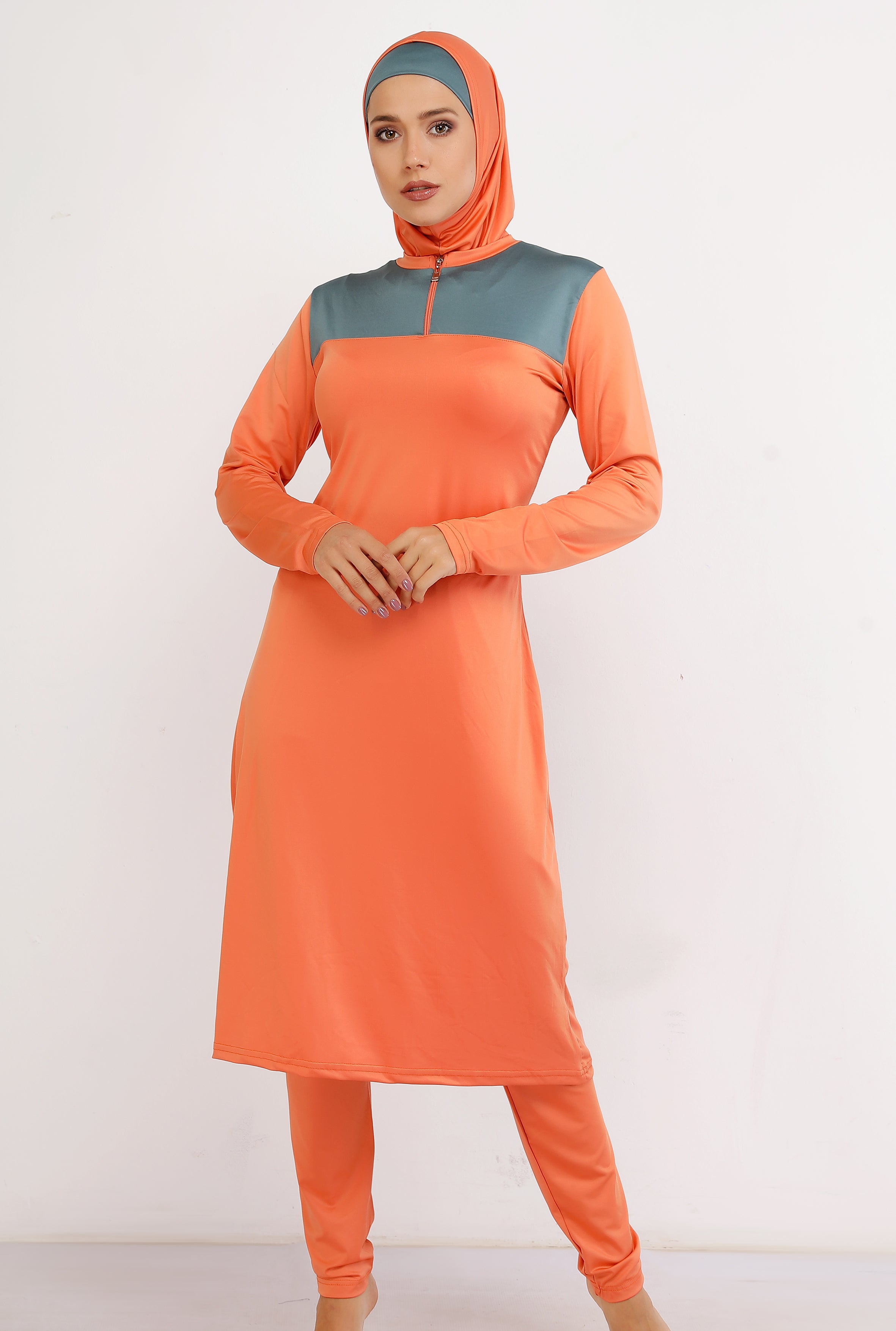 Maillot burkini long à fermeture éclair couleur havane et bleu pétrole avec bonnet / 2 pieces