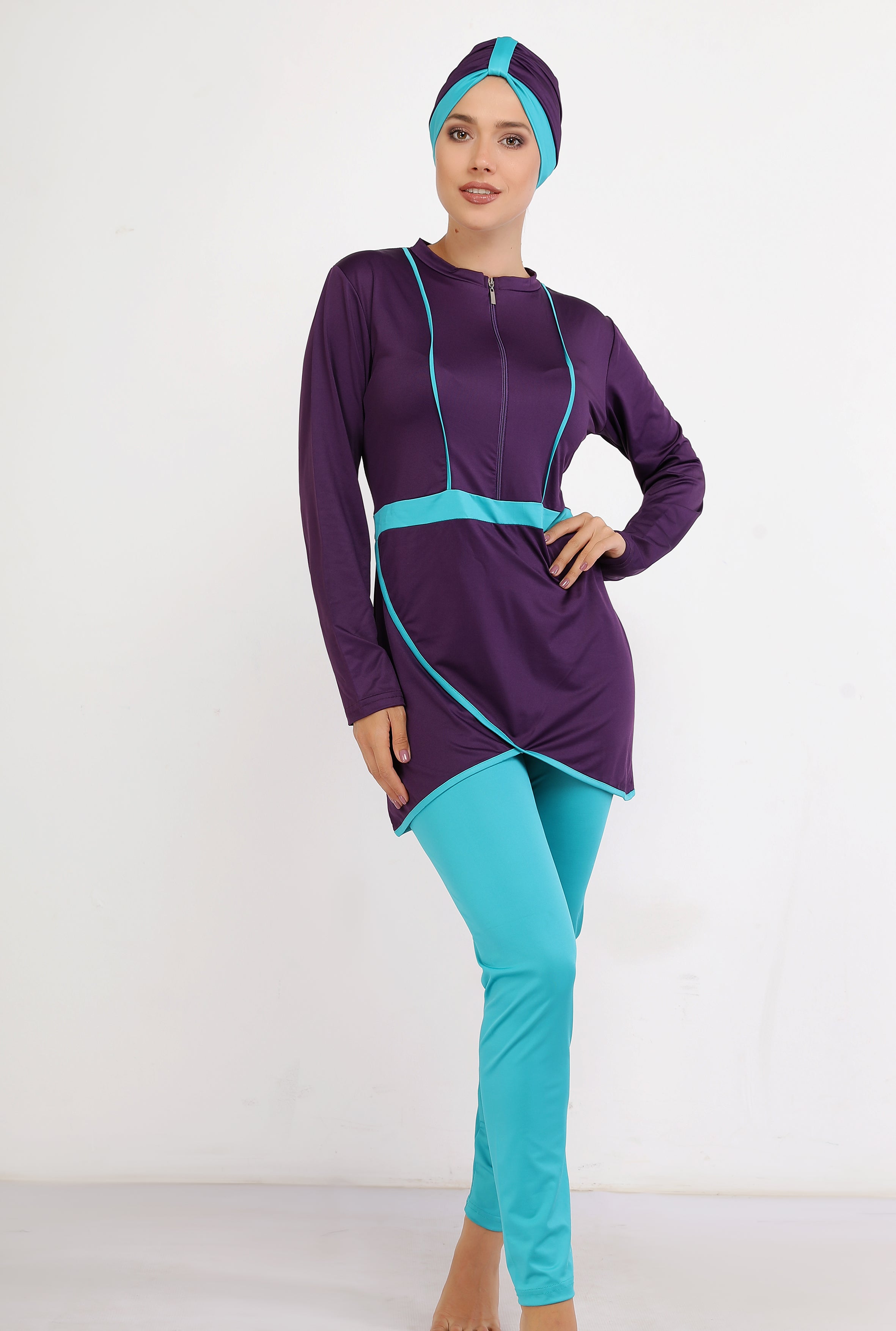 Maillot burkini rose strié de turquoise
