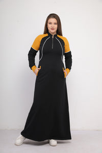 Abaya sport en coton milton importé noire et moutarde à fermeture éclair