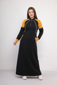 Abaya sport en coton milton importé noire et moutarde à fermeture éclair