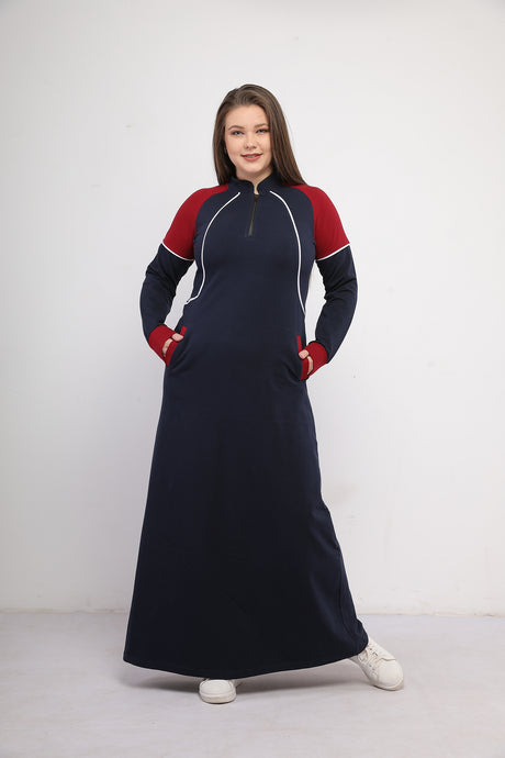 Importedblue navy and burgundy milton cotton sport Abaya with zipper