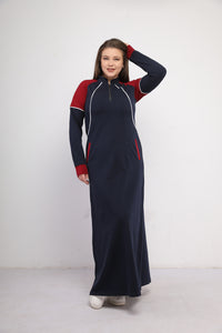 Abaya sport en coton milton importé lie de vin et bleu marine à fermeture éclair