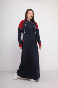 Abaya sport en coton milton importé lie de vin et bleu marine à fermeture éclair