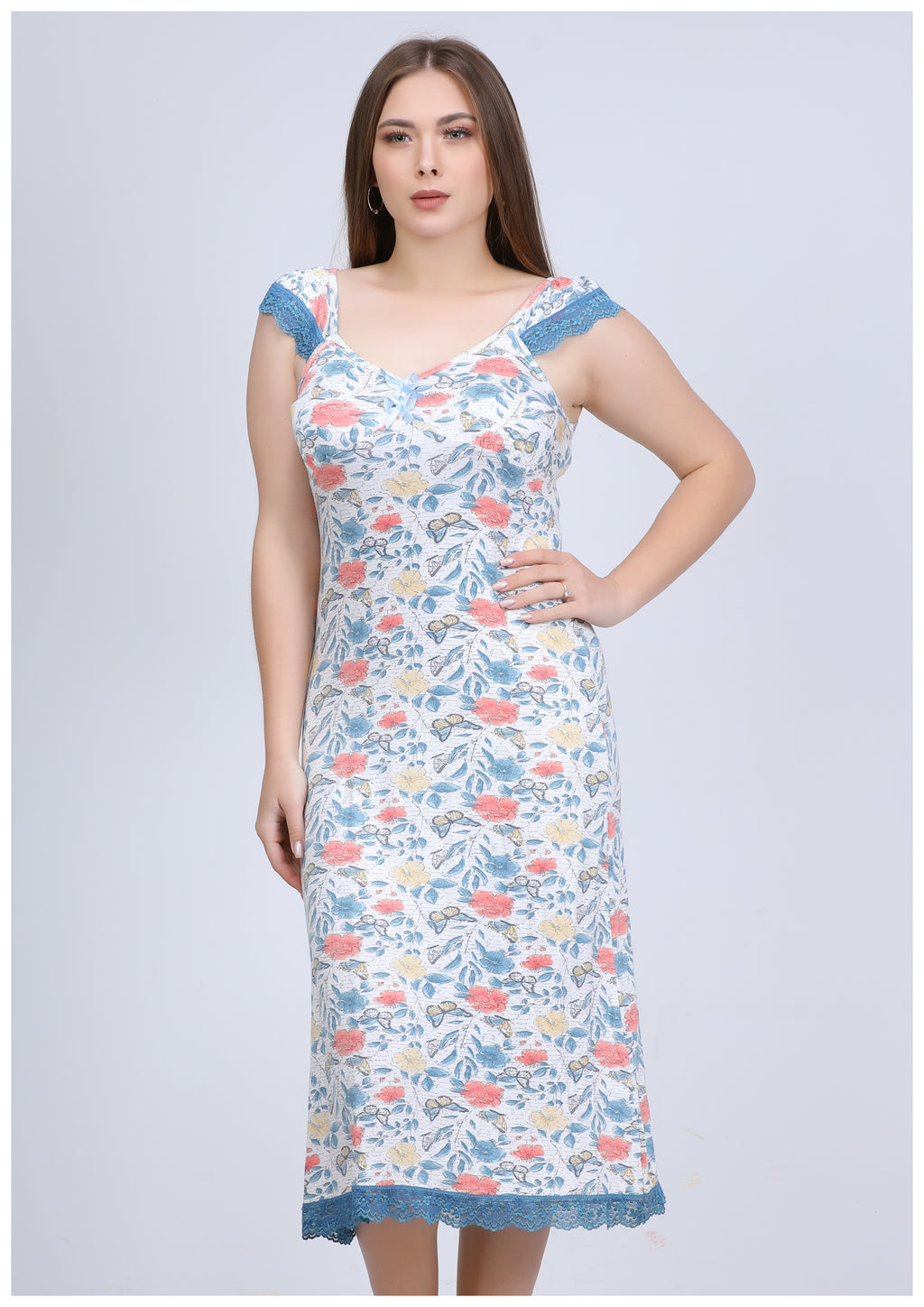 Sky blue floral strapless summer dress 