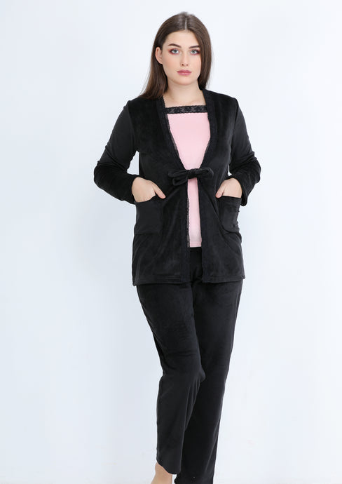 Black Heidi pyjamas 3-pieces set with double-sided lining